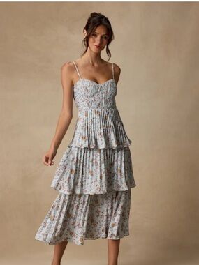 Lulu's Light Blue Floral Spaghetti Strap Tiered Midi Dress